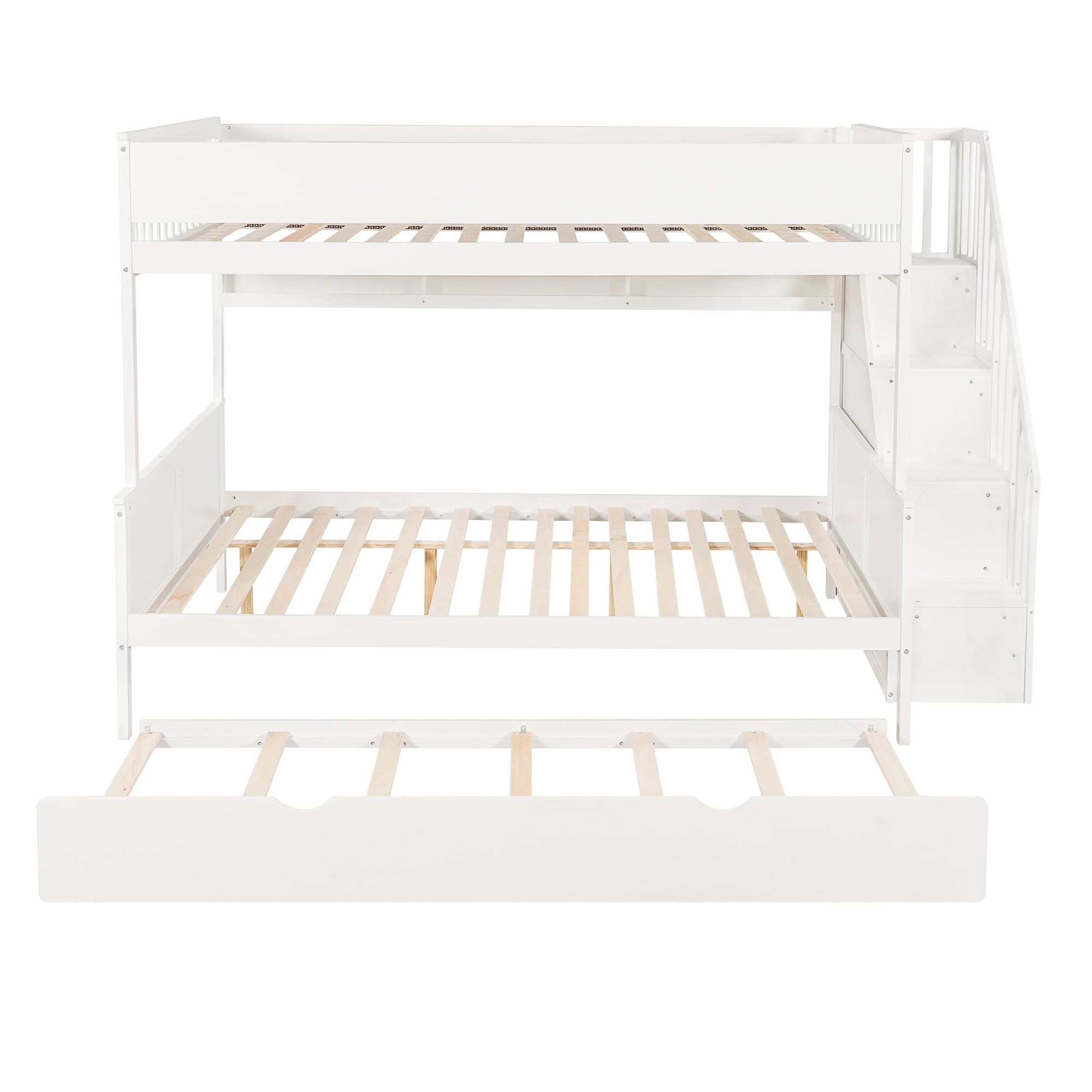 Euroco Full XL over Queen Bunk Bed with Storage Staircase and Shelves, Wood Bed with Trundle and LED Light, White