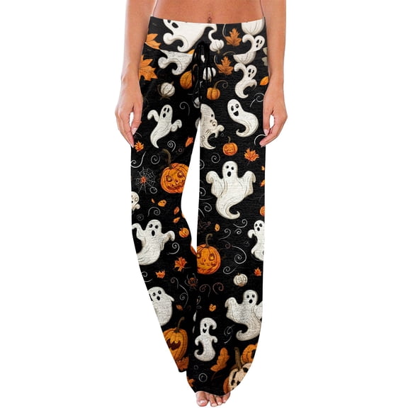 Domzest Womens Halloween Pajama Pants Halloween Graphic Wide Leg Pj Bottoms Drawstring Elastic Waisted Cute Sleepwear Yellow M
