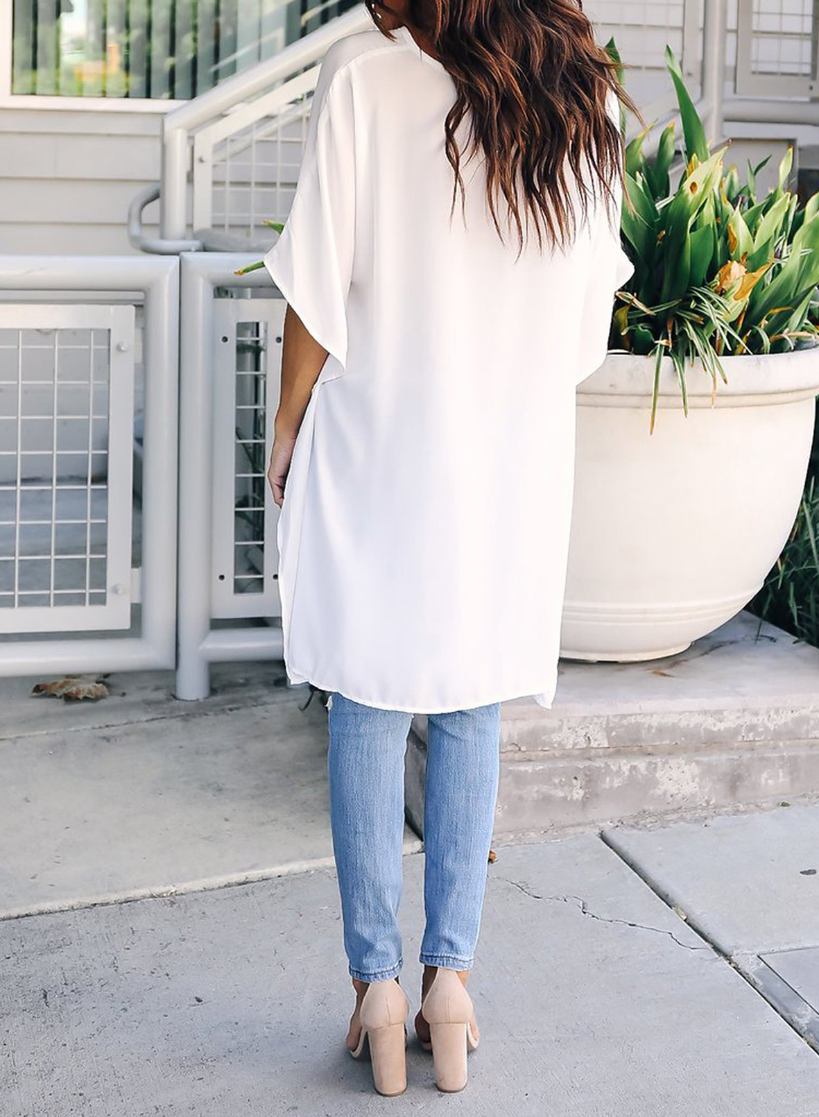 half sleeve high low white blouse