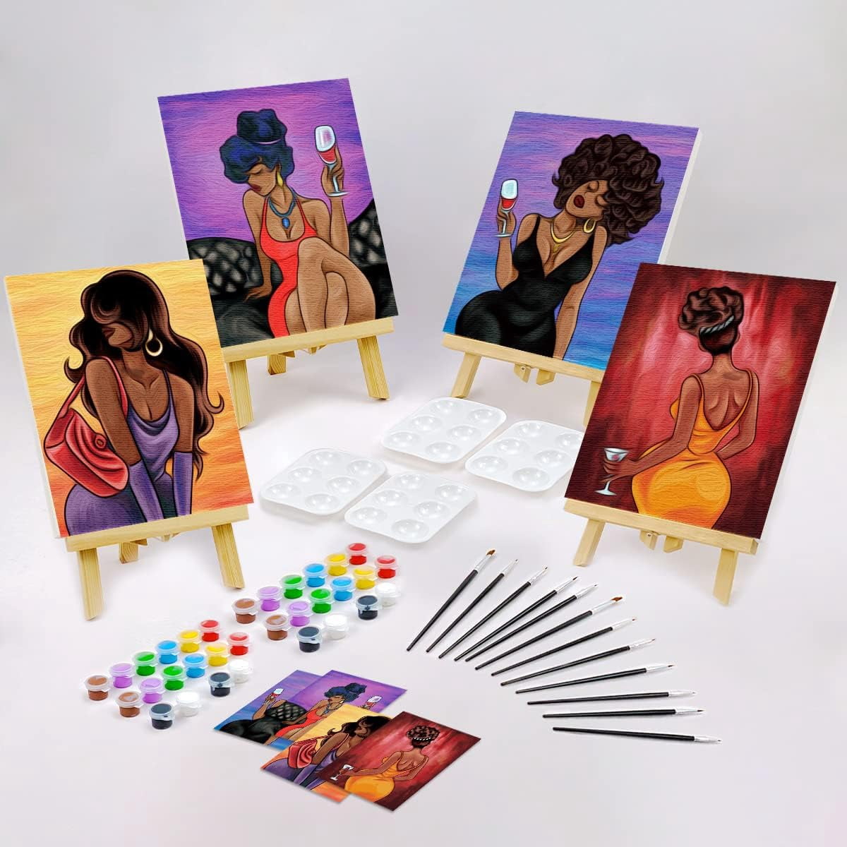 JJEAN-4 Pack Canvas Painting Kit Pre Drawn Canvas for Painting for Adults Party Kits Paint and Sip Party Supplies 8x10 in 8 Acrylic Colors,3 Brush,1 Pallet Chic Girl Art Set