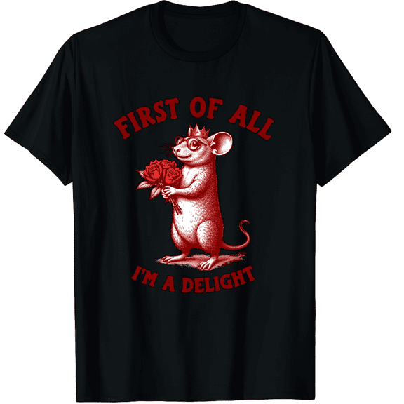 Funny Mouse Graphic Tee First Of All I'm A Delight Sarcastic Retro Rat T-Shirt for Men and Women Cute Animal Rose Crown Design