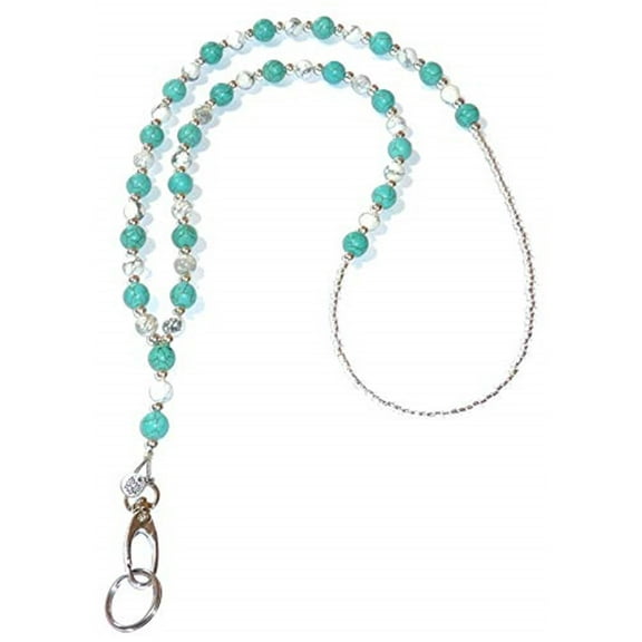 Women's Beaded Fashion Necklace Lanyard, Vintage Turquoise Look, Strong Badge ID Holder for Keys and Name Tag. 34 inches Long (Turquoise & White Non Breakaway - Stronger)