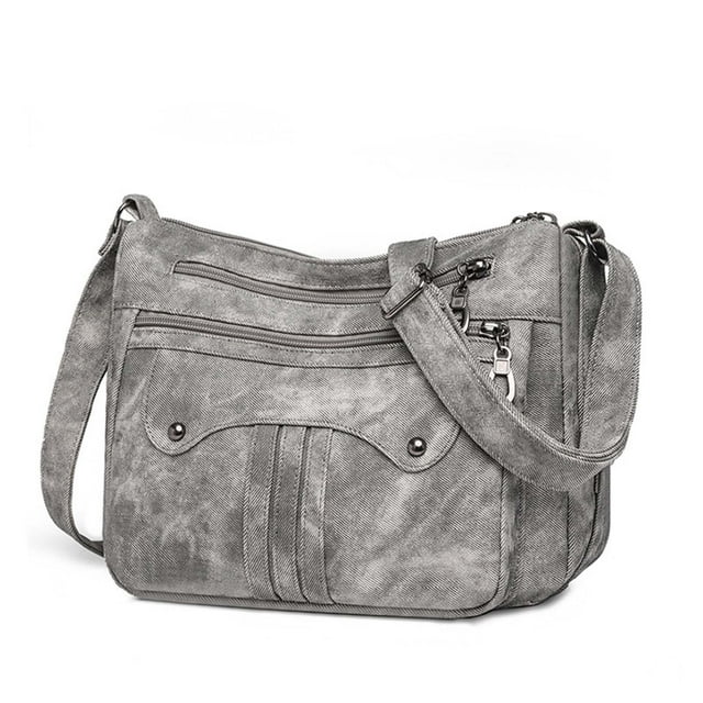 Gray Large Capacity Shoulder Bag Vintage Washed Faux Leather Crossbody Purse For Women Multi Functional Mom Bag With Adjustable Strap For Work Travel Daily Use Casual Handbag