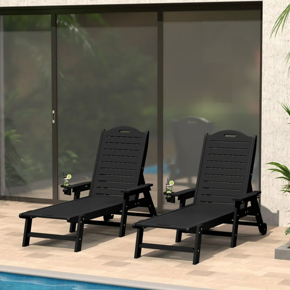 WestinTrends Aruba Outdoor HDPE Patio Chaise Lounges With Wheels & Cup Holder (Set of 2), Black