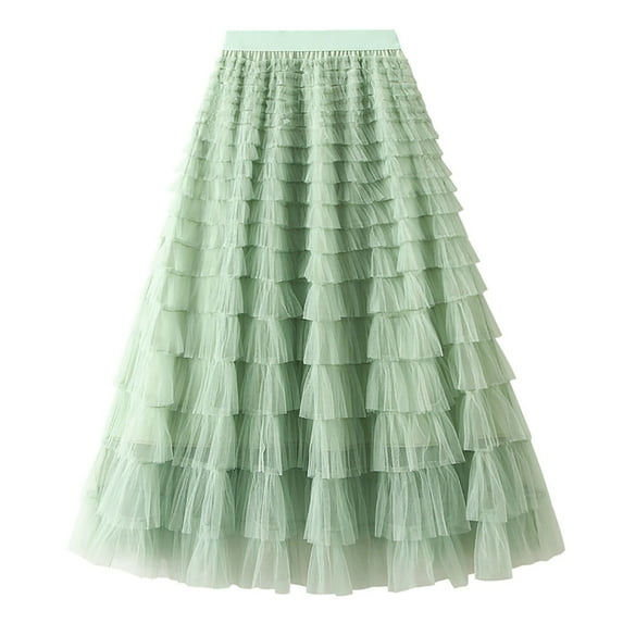 IROINNID tail Elastic Waist Skirt For Women Ruffled Mesh Skirt High Waist Prom Poached Skirt Half Skirt Solid Color Skirt