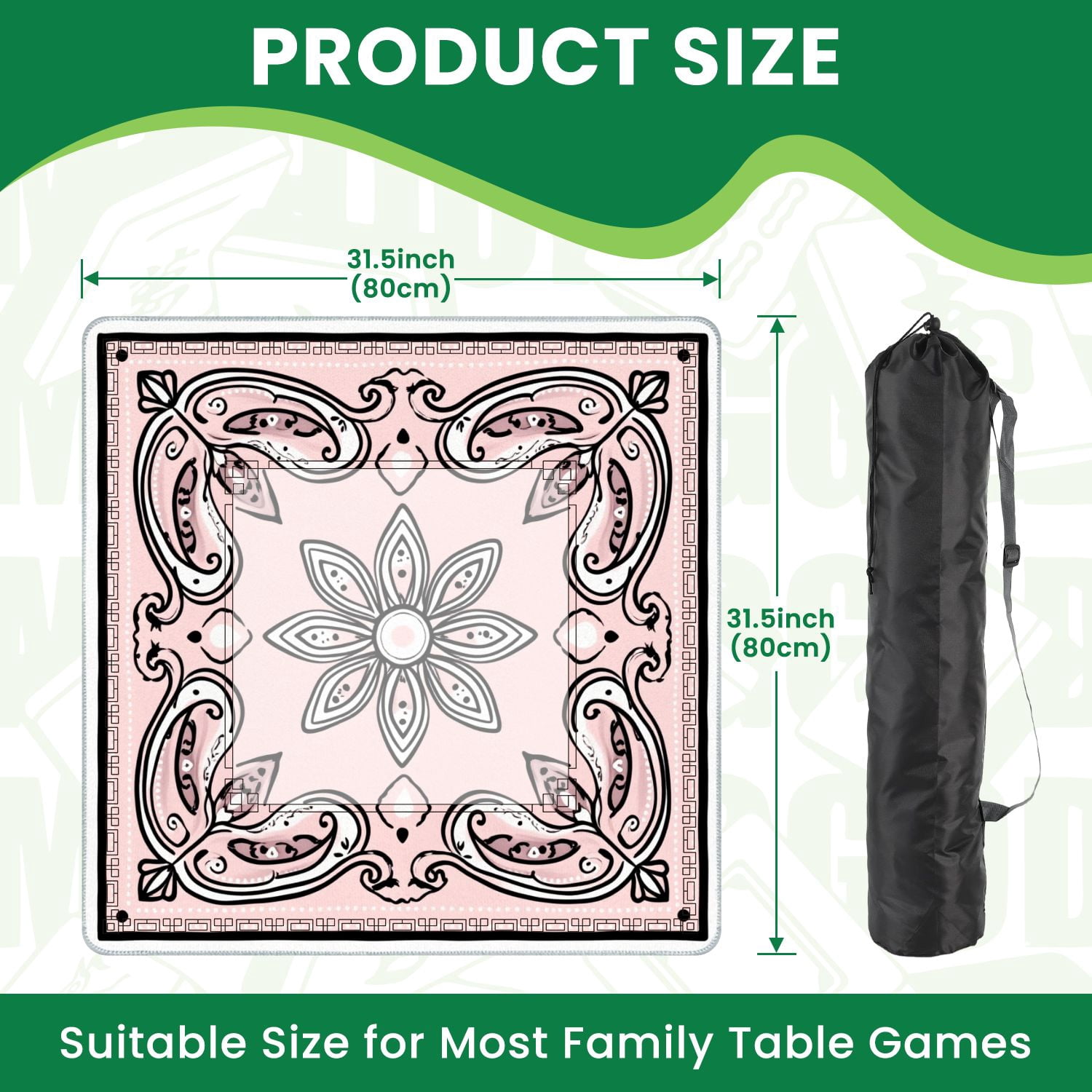 Mahjong Mat 31.5" x 31.5" Floral Bandana Black Outline Non-Slip Noise Reduction American Mahjong Tiles Table Cover for Dominoes Poker Card Board Games Gift