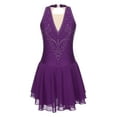 thumbnail image 3 of iEFiEL Womens Rhinestone Figure Skating Dress Chiffon Illusion Deep V-neck Ballet Lyrical Leotard Dance Dress Purple XXL, 3 of 7