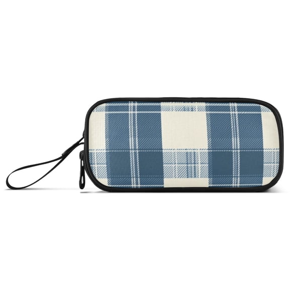Blue and Beige Wide Plaids Pencil Case Stationary Holder Pen Bag Pencil Pouch Tool Organizer 3 Compartments