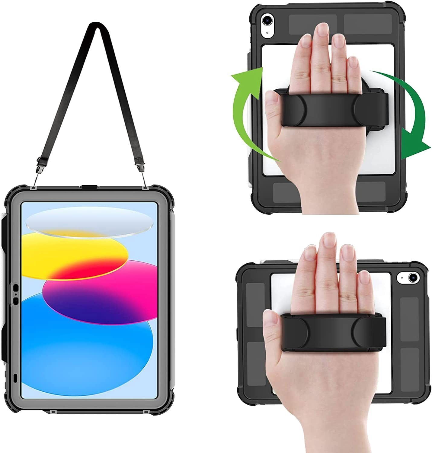 AICase Waterproof Case for iPad(A16) 11th Generation 11 inch 2025 Case with Screen Protector with Pencil Holder & Stand & Shoulder Strap & Handle Full-Body Rugged Cover Black