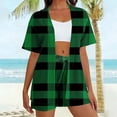 thumbnail image 4 of FNFYFH Women's Plaid 2 Piece Outfits Open Front Kimono Blouse and Shorts Set Summer Outfits, 4 of 7