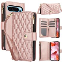 Case for Google Pixel 9 / 9 Pro RFID Blocking Protective Purse Case With Card Slots Holder Kickstand Wrist Strap Lanyard Zipper 3-card Flip Wallet Case,Rose gold,For Pixel 9 / 9 Pro