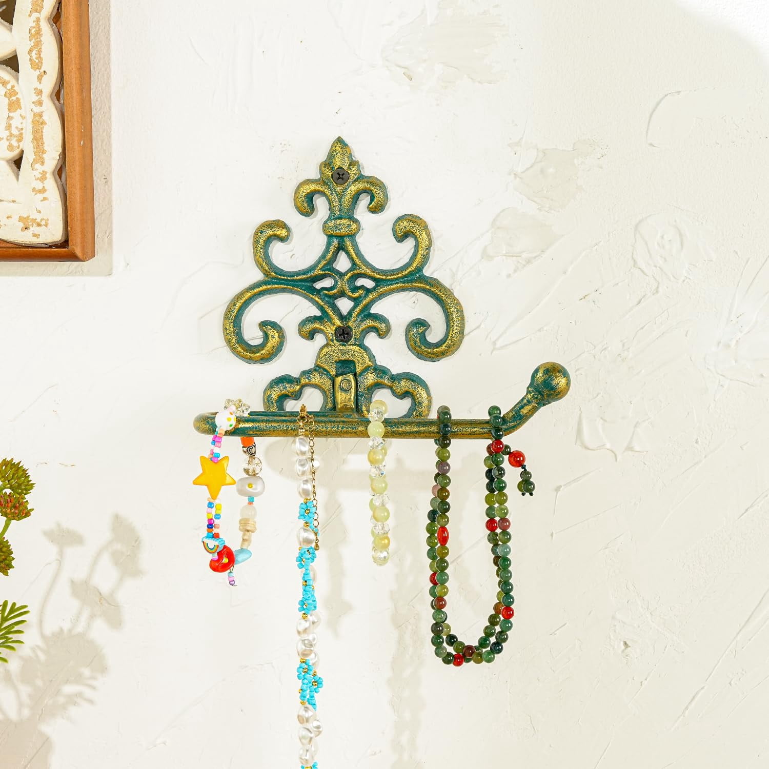 Sungmor Vintage Cast Iron Toilet Paper Holder - Wall Mounted Rustic Bathroom Tissue Holder with Teal & Gold Finish, Decorative Accent for Farmhouse, Victorian Décor, Heavy Duty Metal Scroll Design