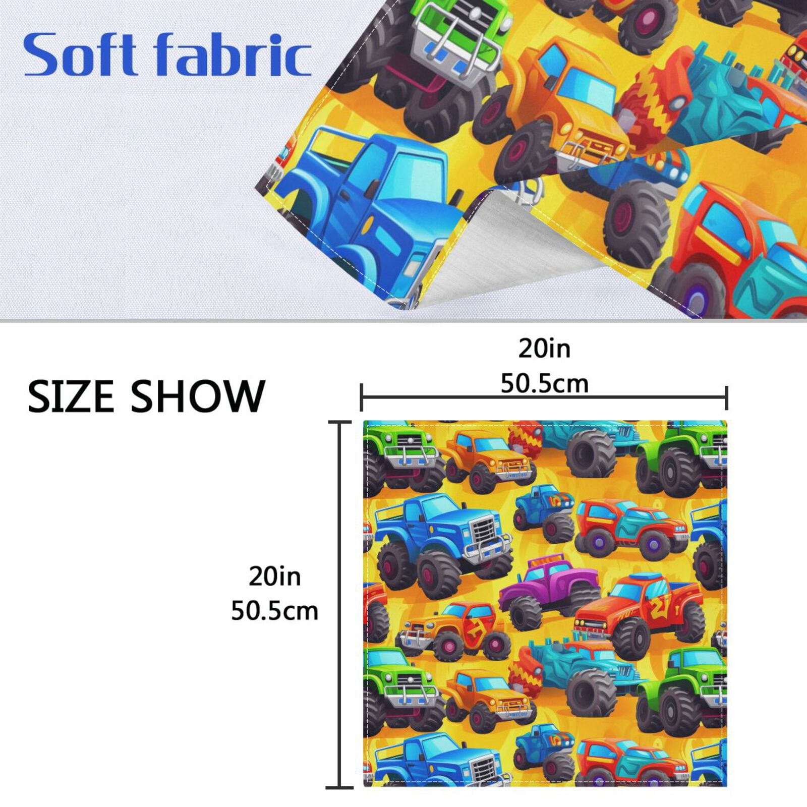JSTEL Trucks Cartoon Cloth Napkins Set of 6, 20x20 Inch Washable and Reusable Napkin for Decoupage Dinner Party Everyday Use