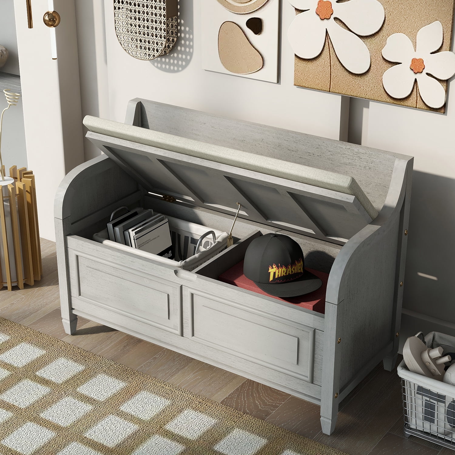 Kadyn 42" Entryway Multifunctional Storage Bench, Pine Storage Bench with Safety Hinge, Rustic Style Solid Wood Entryway Bench for Living Room, Gray Wash