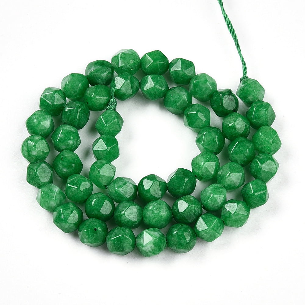 Dyed Natural Malaysia Jade Beads Strands Faceted Star Cut Round Beads Lime Green 7~8x6~7.5x6~7.5mm Hole: 1mm 48~49pcs/strand