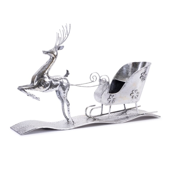 Melrose Reindeer with Sleigh Hammered Christmas Figurines - 25.5" - Silver and Gray