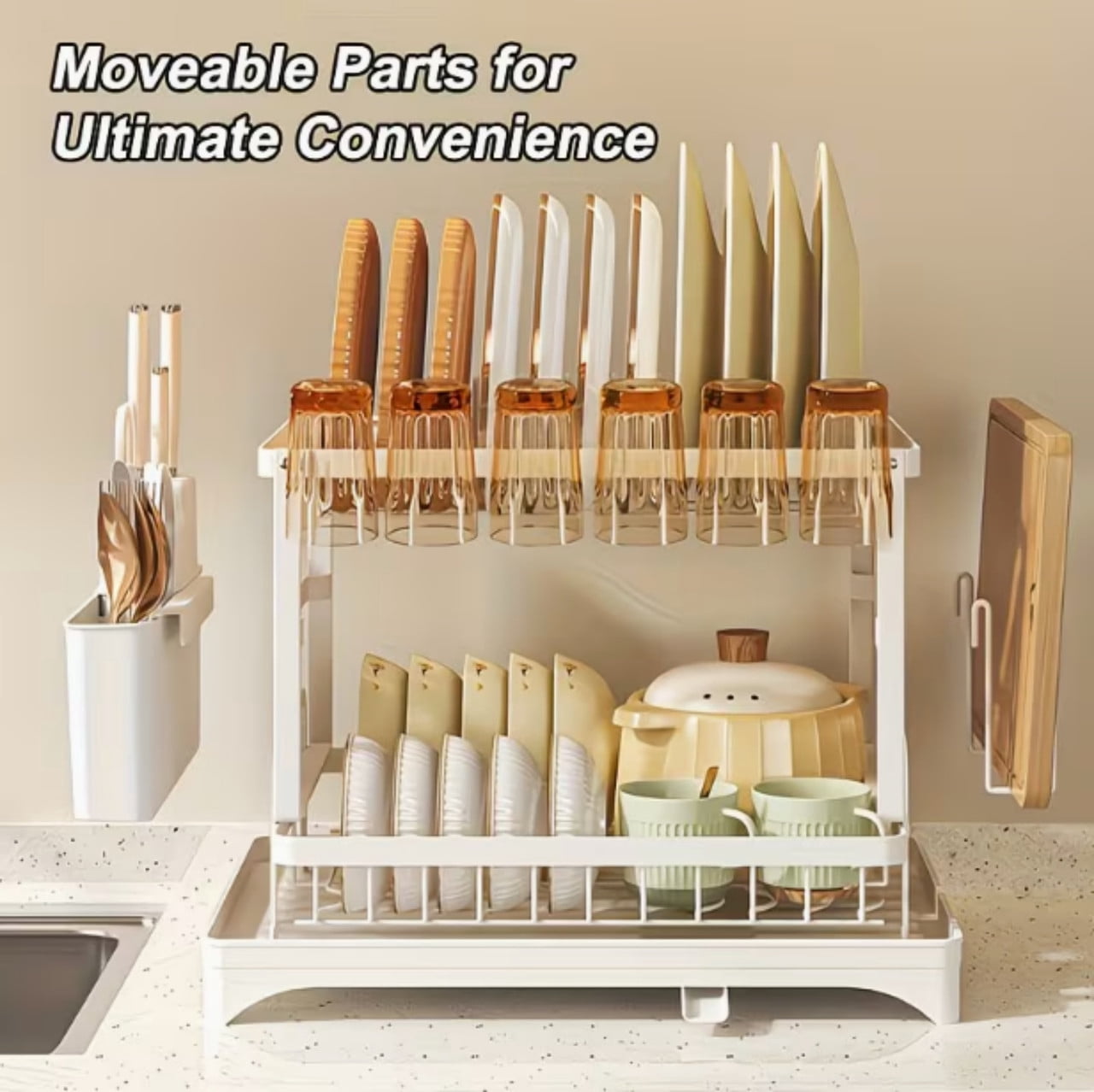 Dish Drying Rack, 2 Tier Large Dish Drying Rack for Kitchen Counter with Drainboard Stainless Steel Dish Drainer for Dish/Knifes/Cup/Cutting Board