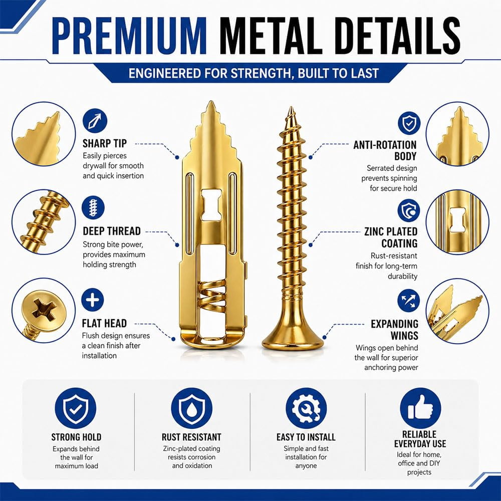 360PCS Self Drilling Drywall Anchors Heavy Duty, Self Drilling Drywall Anchors with Screws Kit, 4 Sizes Metal Dry Wall Anchors for Drywall Heavy Duty, Drywall Self Drilling Anchors with Screws