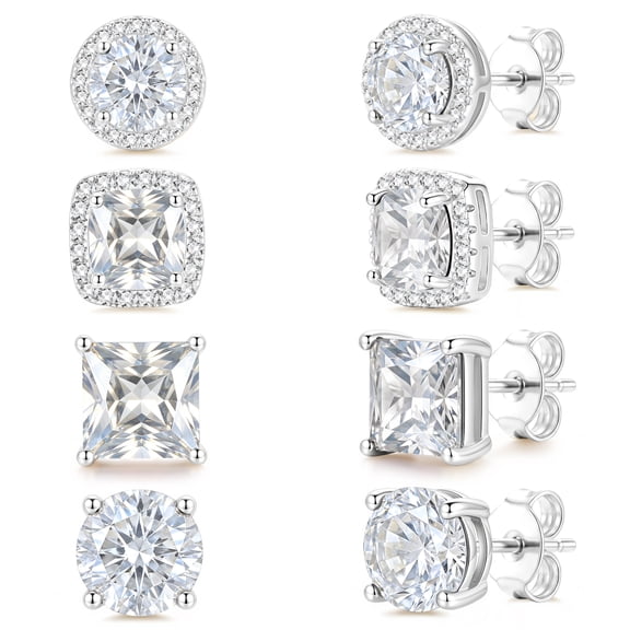 APSVO 4 Pairs 18K White Gold Plated Halo Stud Earrings for Women Men CZ Hypoallergenic with S925 Sterling Silver Post Earrings Set Birthday Christmas Jewelry Gifts Teen Stocking Stuffers Adults