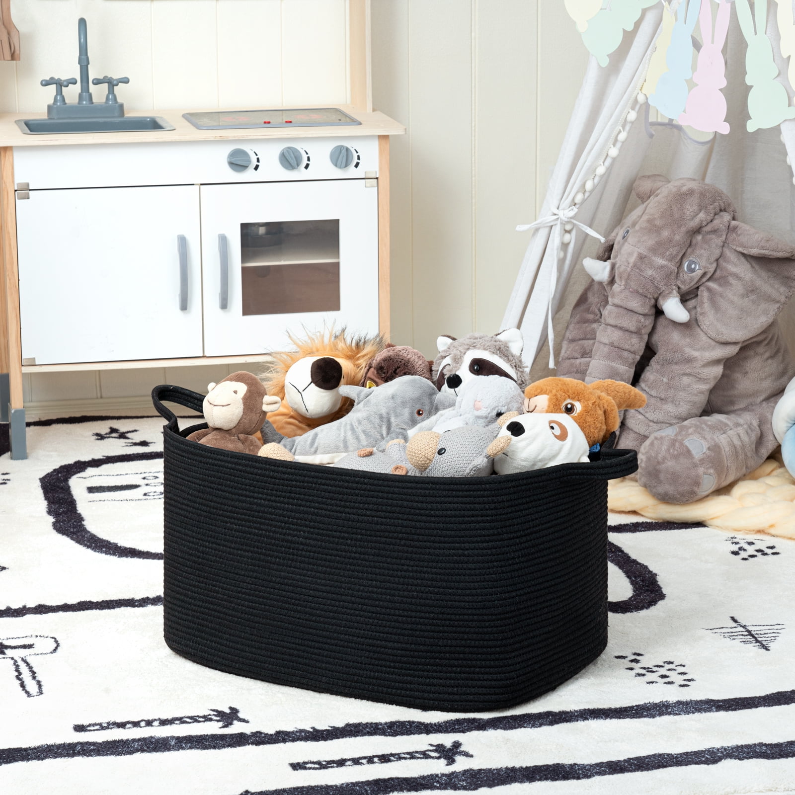 TIMEYARD Large Blanket Basket, 21.6" x 14.9" x 11.8" Rectangle Woven Baskets for Storage-Black