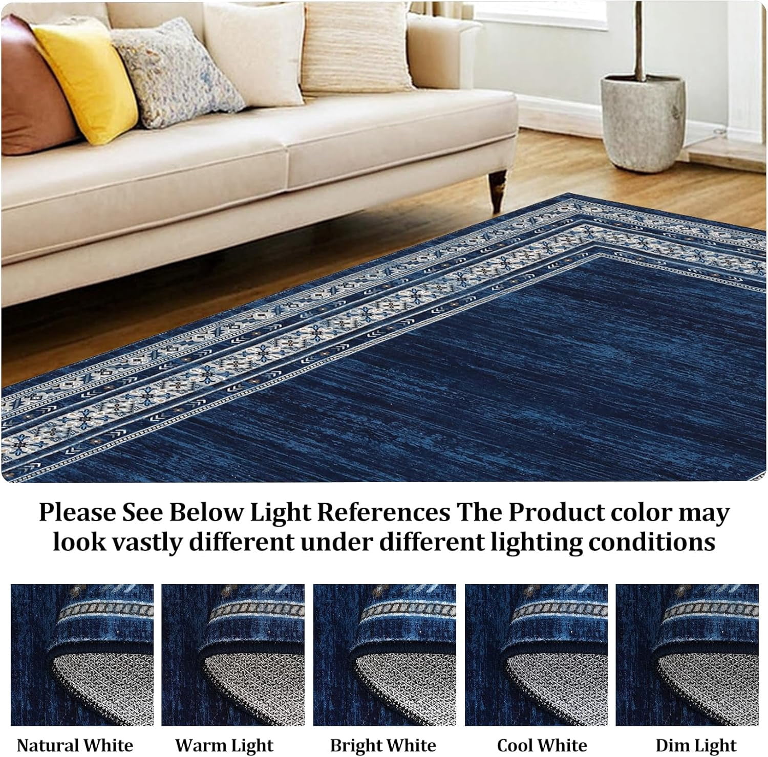 Memoryfield 9'x12' Area Rug, Modern Bordered Washable Rugs Soft Foldable Accent Rugs for Indoor Living Room Bedroom, Blue