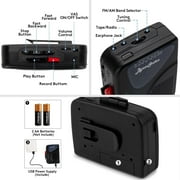 ByronStatics Portable Cassette Players, FM AM Radio Walkman Tape Player, Built In Mic Speakers, 2xAA Battery Or USB Power Supply, Headphone Jack, Black