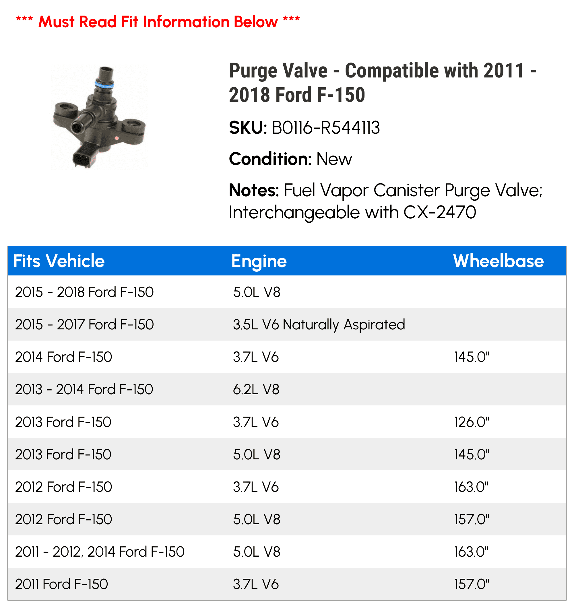 Purge Valve - Compatible with 2011 - 2018 Ford F-150 2012 2013 2014 2015 2016 2017