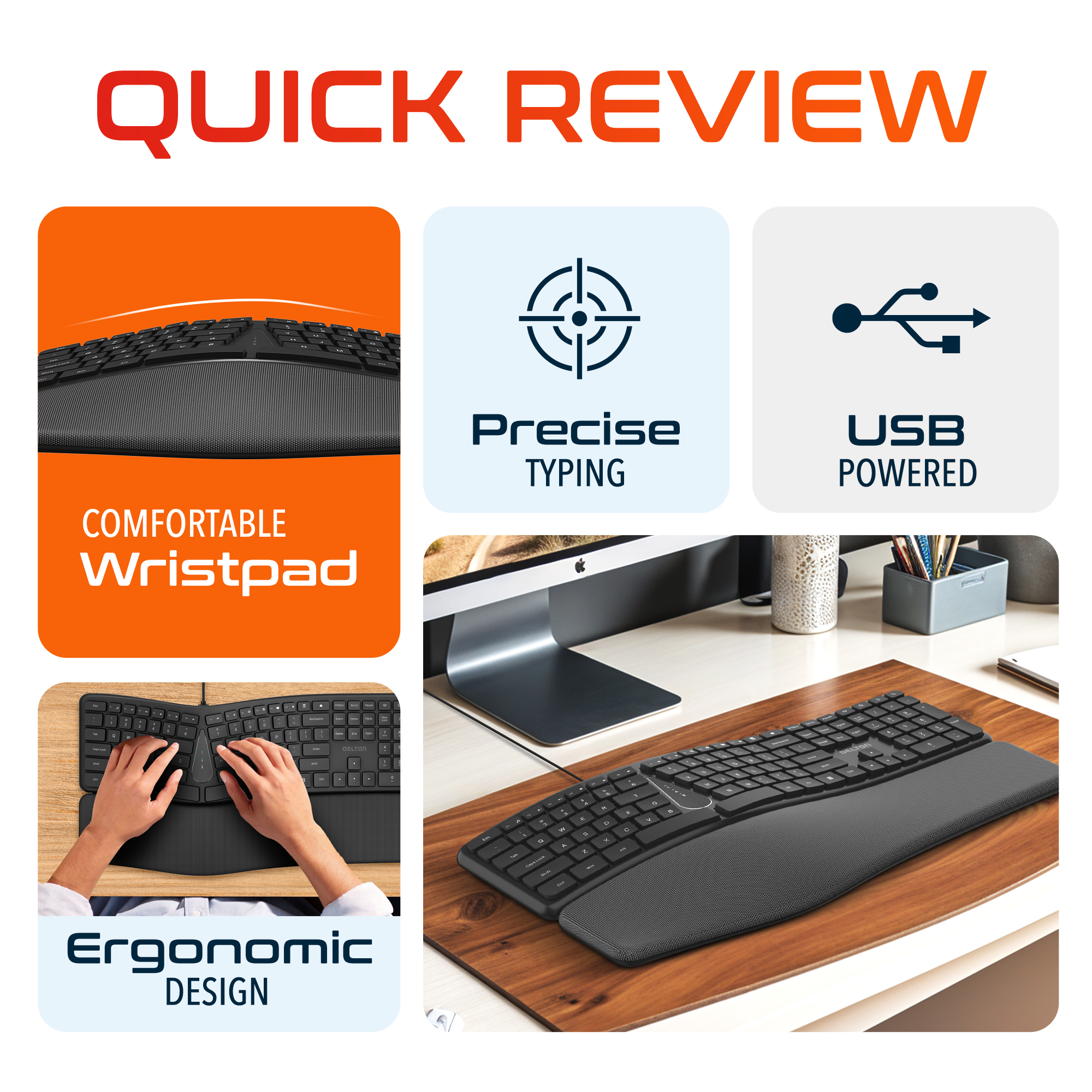 Delton KB250 Ergonomic Wired Keyboard, Curved Keyboard with Wrist and Palm Rest, Natural Typing Full-Size Split Computer Keyboard, Compatible for Laptop/PC/Tablets/iMac - Black