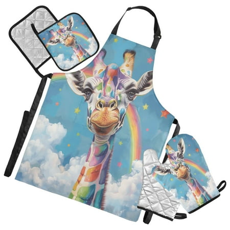 5 Pcs Kitchen Set Heat Resistant Oven Mitts and Non-Slip Pot Holders with Adjustable Cooking Apron Colorful Spots Giraffe and Rainbow
