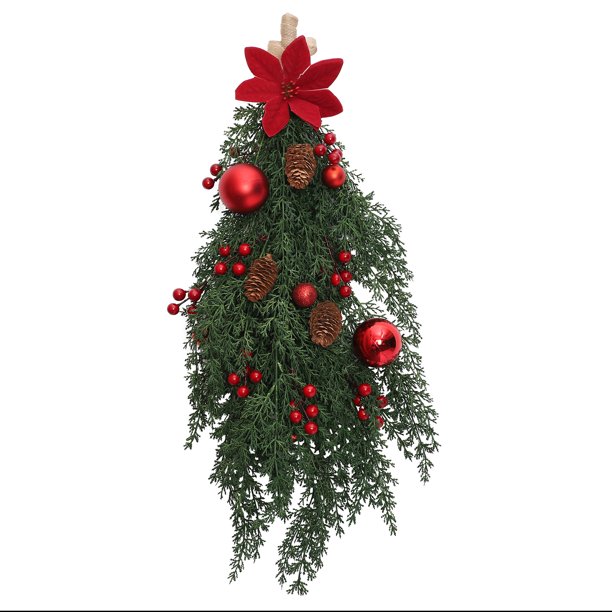 Árbol navideño al revés Decoración de ratán rojo montado en la pared de 60 cm --- Material del árbol navideño rojo al revés: las flores son de terciopelo la hierba es de ANGGREK Otros