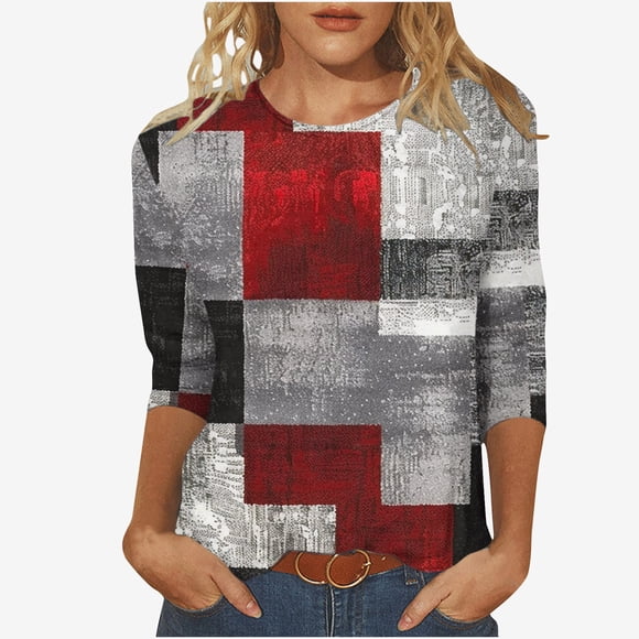 cadancy Mon Historique de Commandes en Ligne Hauts pour Femmes à Manches Longueur Coude Haut à Imprimé Patchwork Tenue de Cinco de Mayo Hauts pour Femmes Décontractés Liquidation Hauts d'Été pour Femmes 2024 Blusas de Mujer de Moda Elegantes
