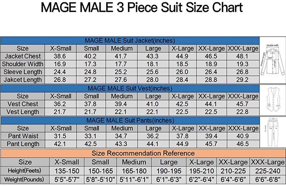 MAGE MALE Mens 3 Pieces Suit Elegant Solid One Button Slim Fit Single Breasted Party Blazer Vest Pants Set