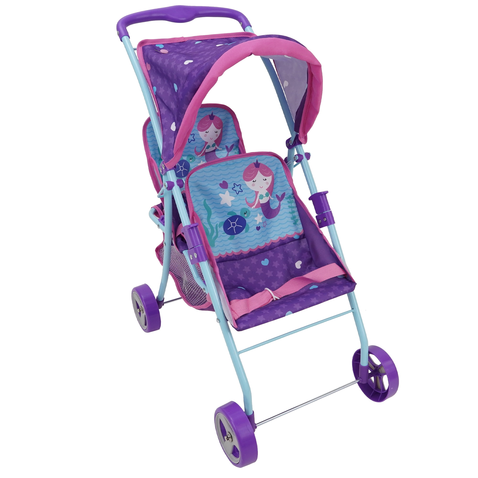 509 Mermaid Twin Doll Stroller- Retractable Canopy, Storage & Travel, 2 Seats, Fits dolls up to 18", Kids 3+