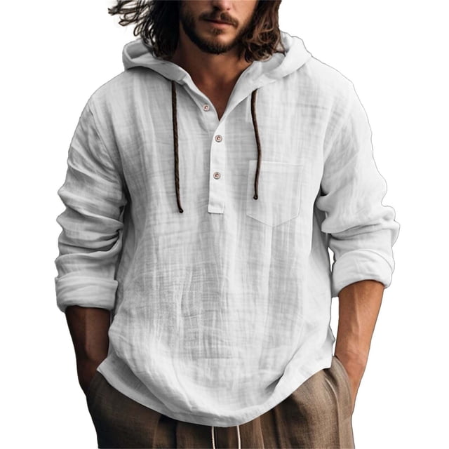 Camisa de lino con botones para hombre: manga larga, bolsillo en el pecho, diseño informal con capucha, tejido de poliéster, tallas S-XXXL para todas las estaciones