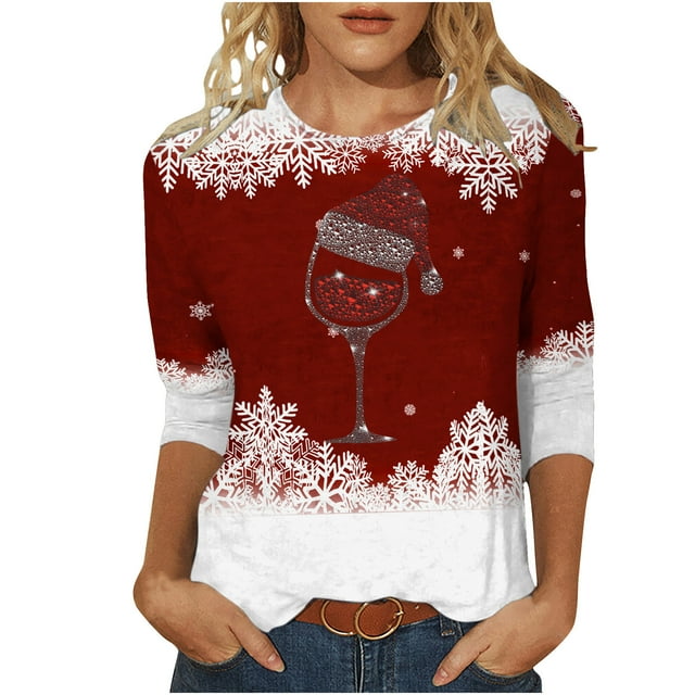 Pisexur Chandails en Molleton de Noël pour Femmes Manches 3/4 Chemises pour Femmes Chandails en Molleton Graphiques Amusants Col Rond Décontractés Vacances Chandails à Capuchon Confort Mode Automne Chandail Tops