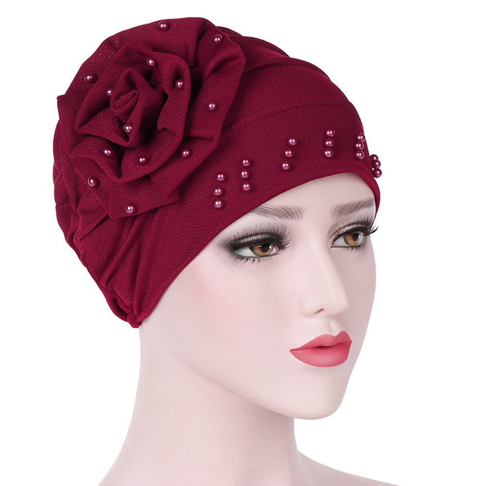 New Women India Muslim Fold Cancer Hat Pearl Beanie Scarf Turban Head Wrap Cap 