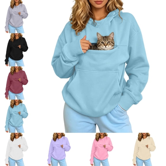 Women's Loose Hoodie Long Sleeve Pet Carrier Blue Sweatshirt Women Clothing with Dog Pocket 3XL