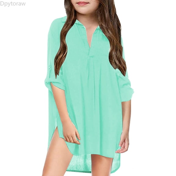 Dpytoraw Little Girl's Kids Swimsuit Beach Cover Up For Girl Chiffon Shirt Bikini Beachwear Bathing Suit Beach Dress Swim Coverup Girls Casual Long Sleeve Dresses,Green Size 8-9 Years
