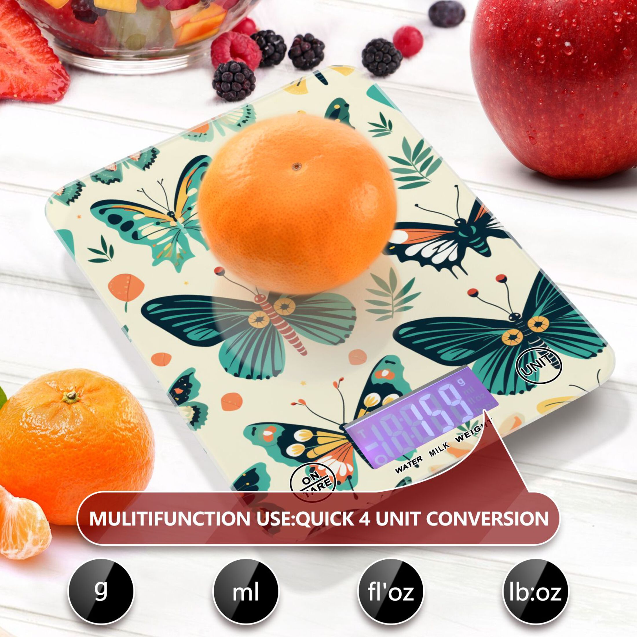 Butterflies Leaves Green Food Scale Digital Kitchen Scale Waterproof Tempered Glass Tare Function 11 lb for Baking Cooking Meal Prep