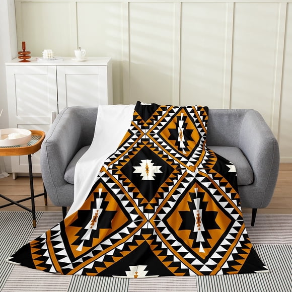 YST Bohemian Fuzzy Blanket,Western Boho Aztec Soft Breathable Blanket,Tribe Geometry Triangle Fleece Blanket,Vintage Exotic Throw Blanket Decor for Kids Boys Teens,Queen 90x90