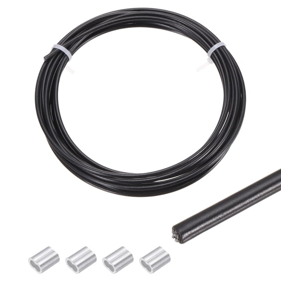 Uxcell 16Ft Wire Rope 304 Stainless Steel Cable 1/8" Vinyl Coated with 4Pcs Aluminum Sleeves for Hanging Black