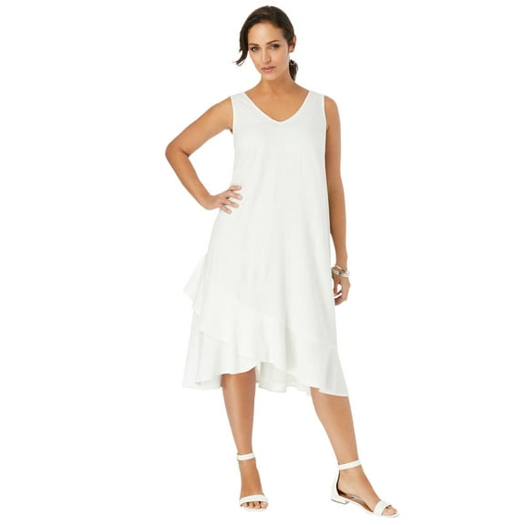 Jessica London Women's Plus Size Casual Lightweight A-Line Lightweight V Neck Linen Flounce Dress