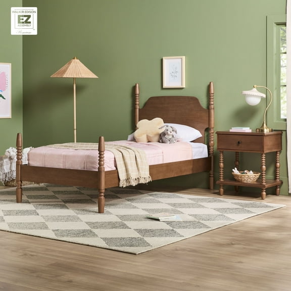 Walker Edison Vivienne Easy Assembly 2-Piece Solid Wood Bedroom Set with Twin Bed and 1-Drawer Nightstand - Dark Brown