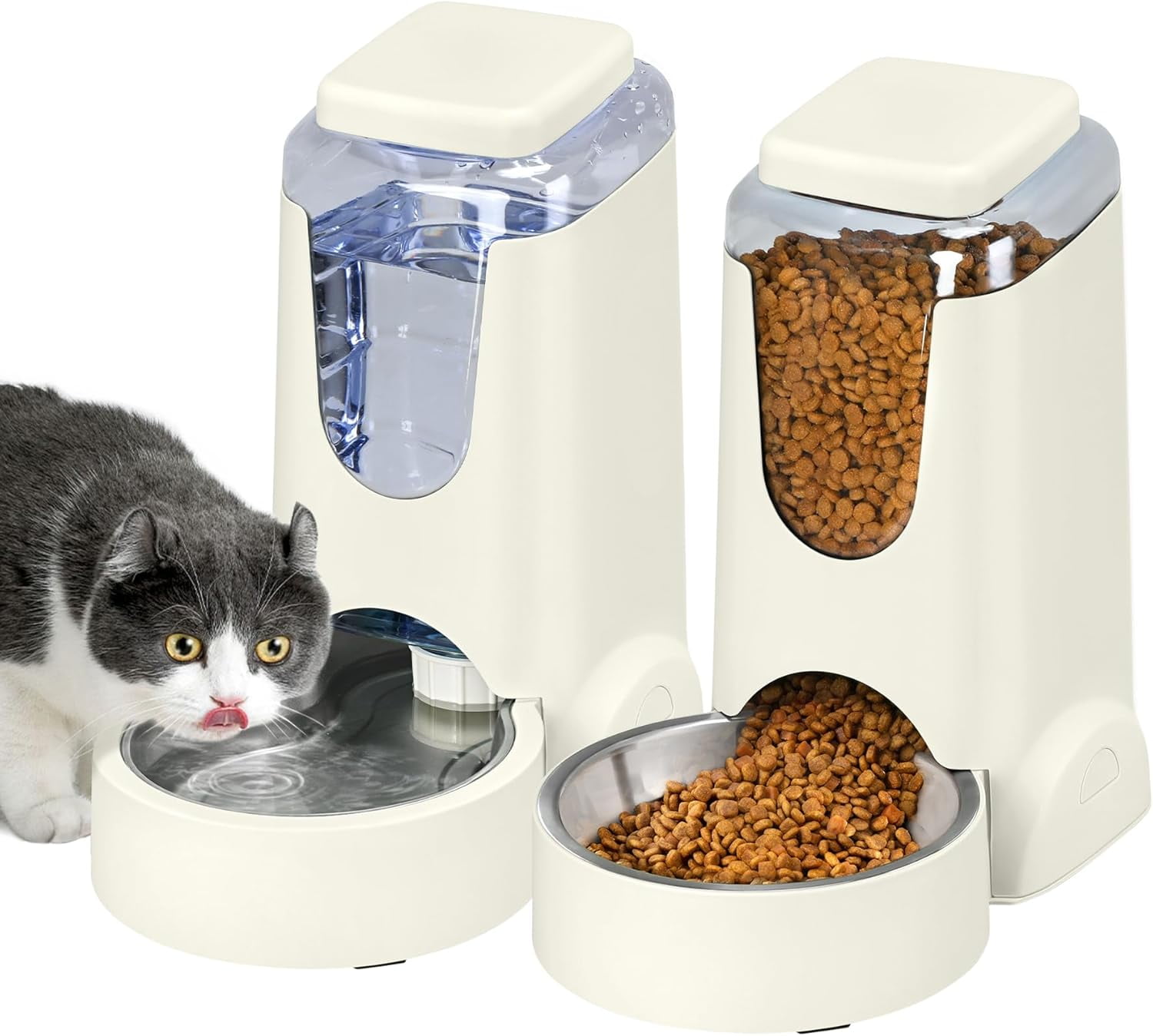 2 Pack Automatic Cat Feeder and Stainless Steel Water Dispenser, Gravity Dog Waterer Set Food Feeder and Waterer Set for Small Medium Kitten Puppy Pets(1 Gallon x 2, Green)