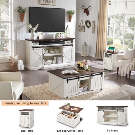 SinCiDo Living Room Furniture Sets of 3, 75 inch TV Stand, Lift Top Coffee Table, End Table with Charging Station, Farmhouse Decor