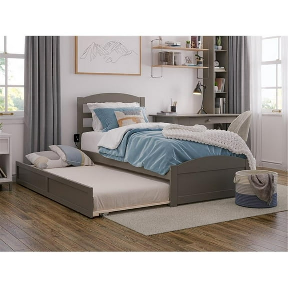 AFI Warren Solid Wood Twin Bed w/ Footboard & Twin Trundle in Gray