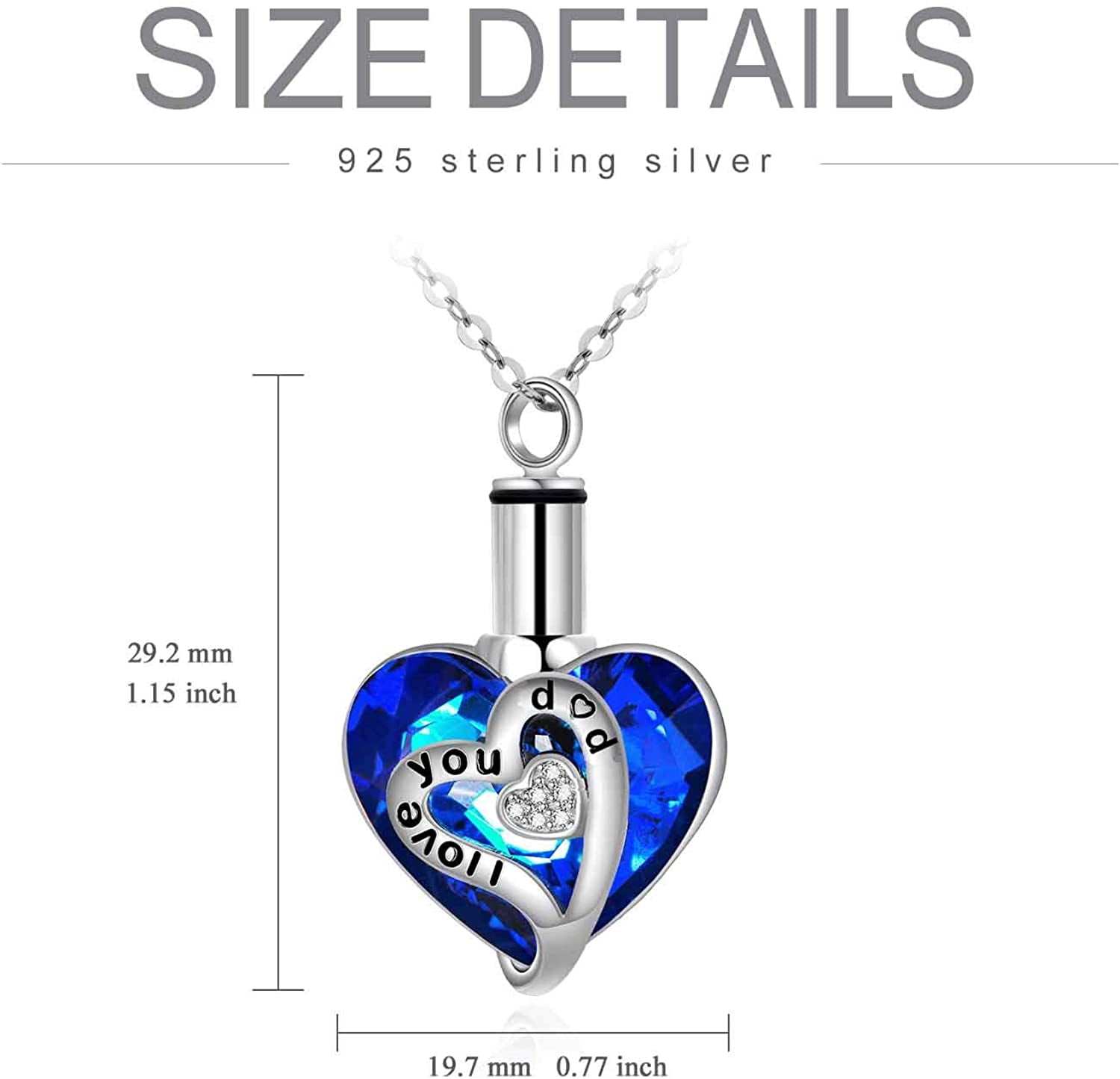 Ashes. Cremation keepsake silver Heart Blue Urn stone necklace and Pendant 