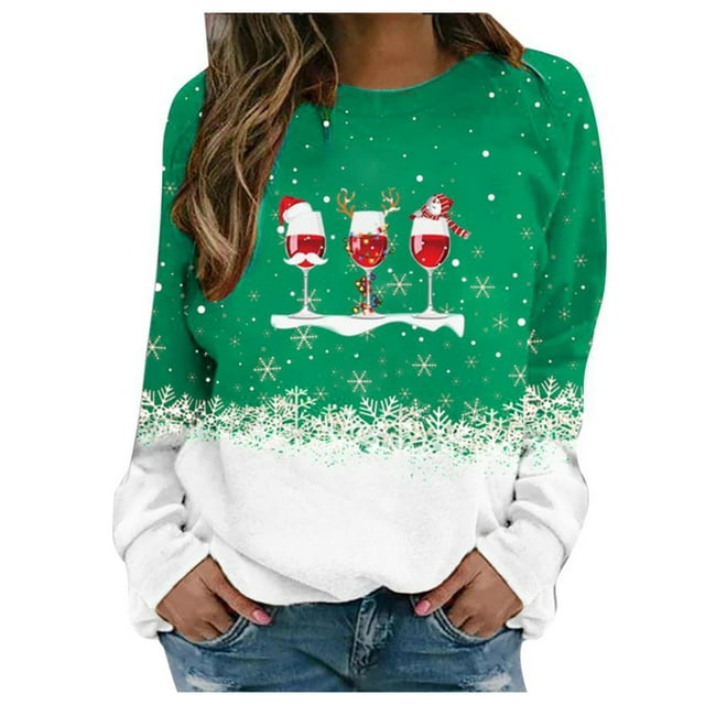 WZXFASHION Chandail à Col Rond pour Femmes, Décontracté Urbain, Imprimé de Noël, Coupe Ample, Liquidation, Offres du Jour, Prime, Chandail à Manches Longues