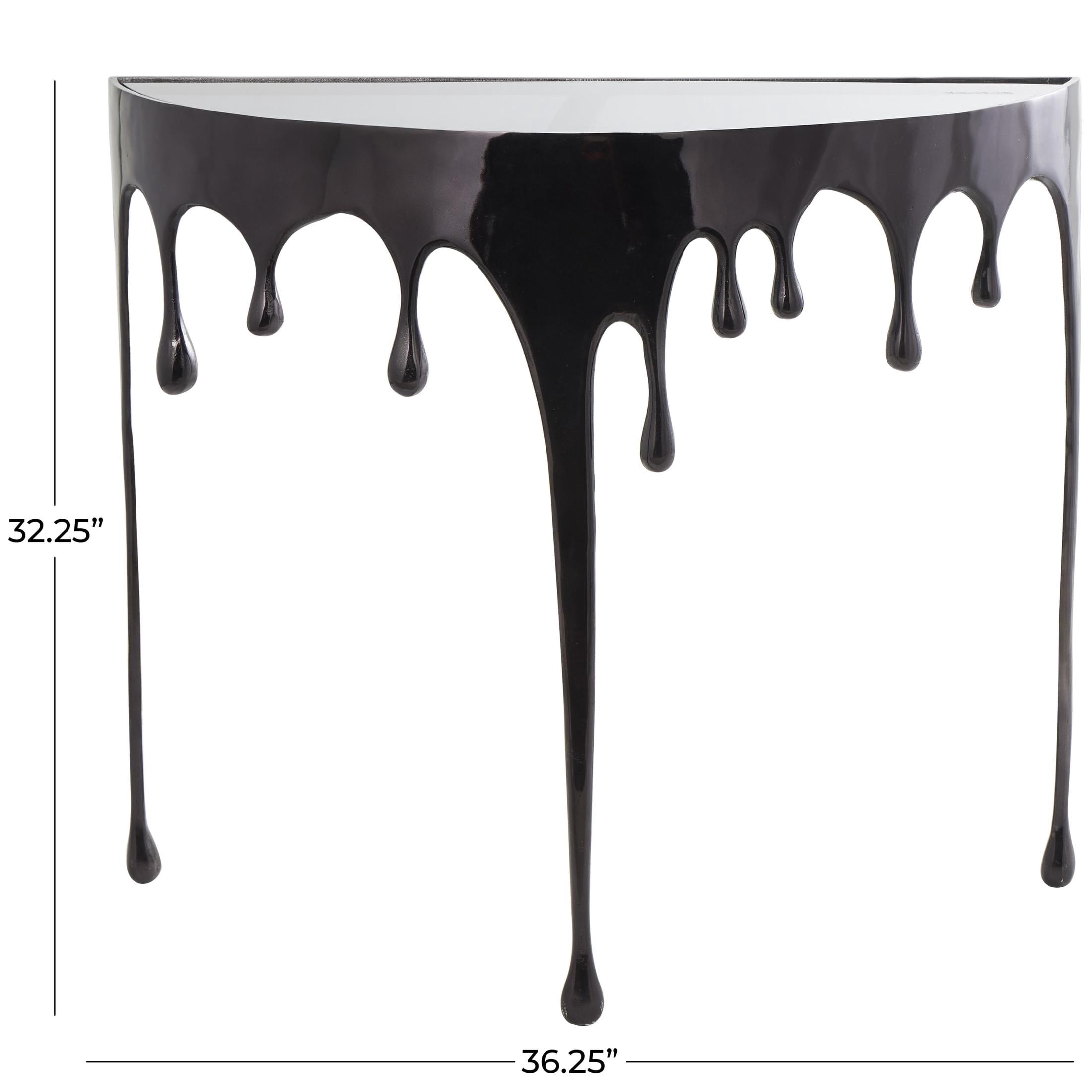 DecMode 36" x 32" Black Aluminum Metal Melting Drip Abstract Console Table with Glass Top, 1-Piece