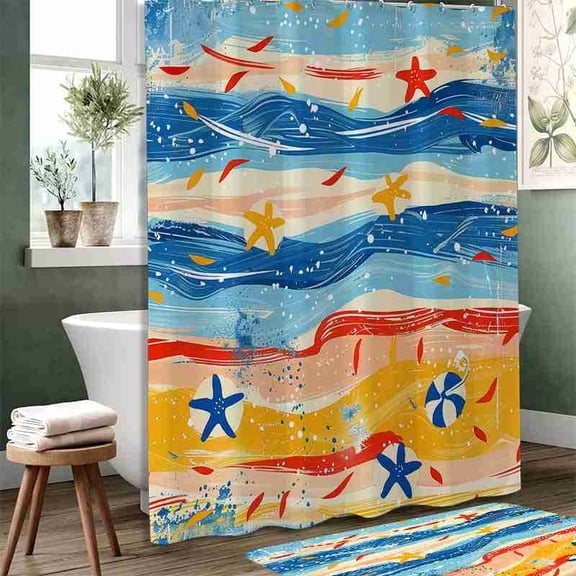 70x70 inch Abstract Blue Yellow Red Ocean Wave Starfish Shower Curtain, Waterproof Polyester Fabric with Hooks